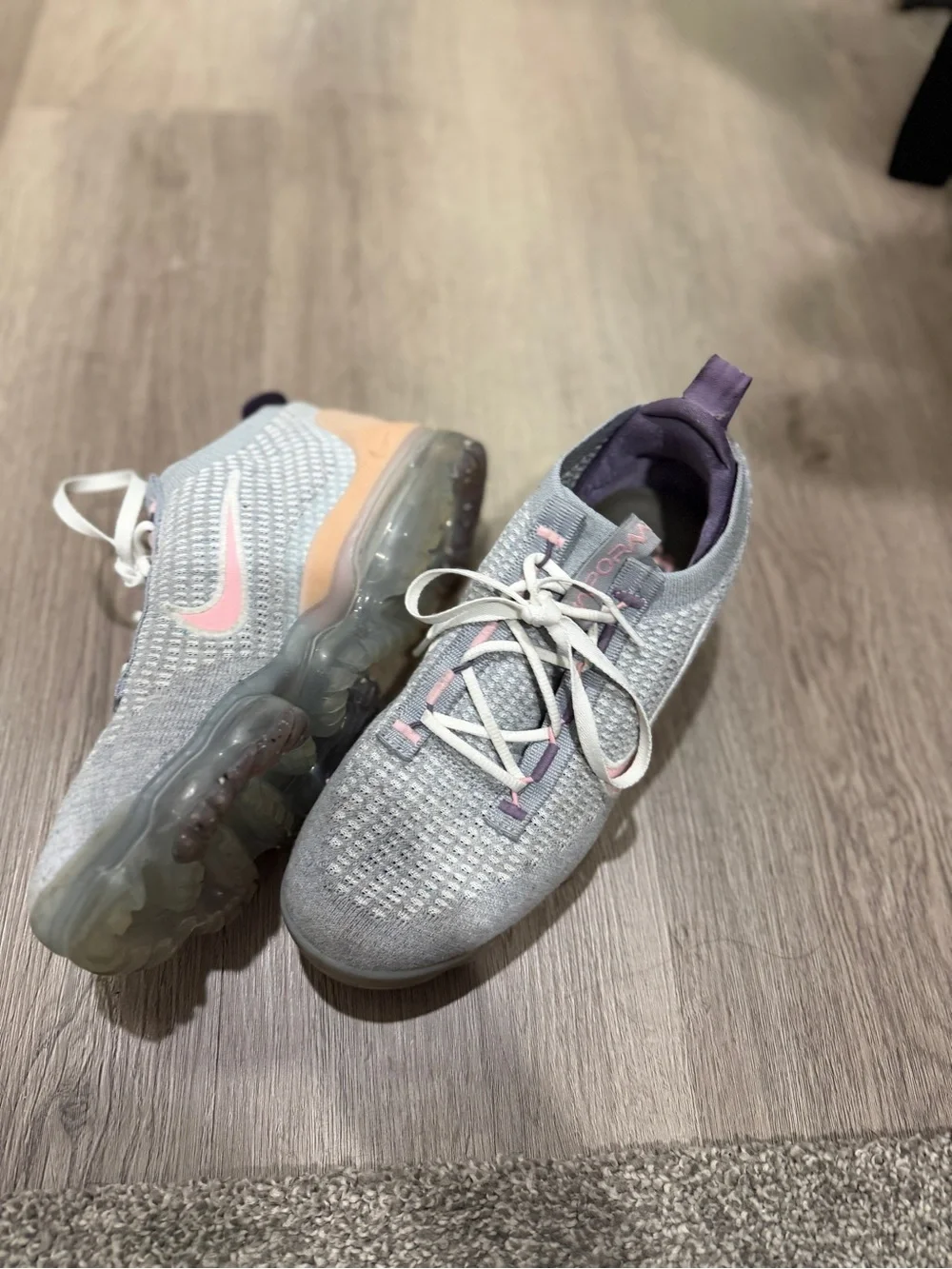 Nike VaporMax Flyknit Sneakers — Light Gray, Pink & Purple Accents